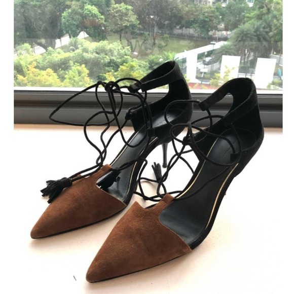 Zara Shoes - Zara Faux Suede Black Brown Ankle Tie Tassel Heels 36 / 5.5 NWT